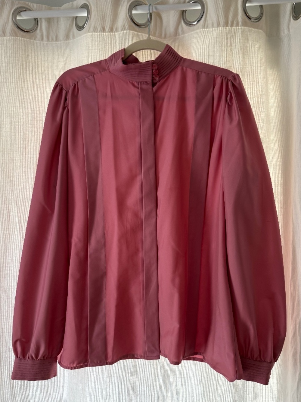 Vintage Pink Button Up Shirt with Distinct High Neck and Pleated Detailing